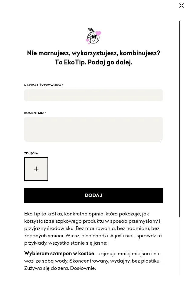 Formularz dodania Ekotipu w sklepie 4szpaki.pl: pola nazwy użytkownika i komentarza oraz przycisk dodania zdjęcia