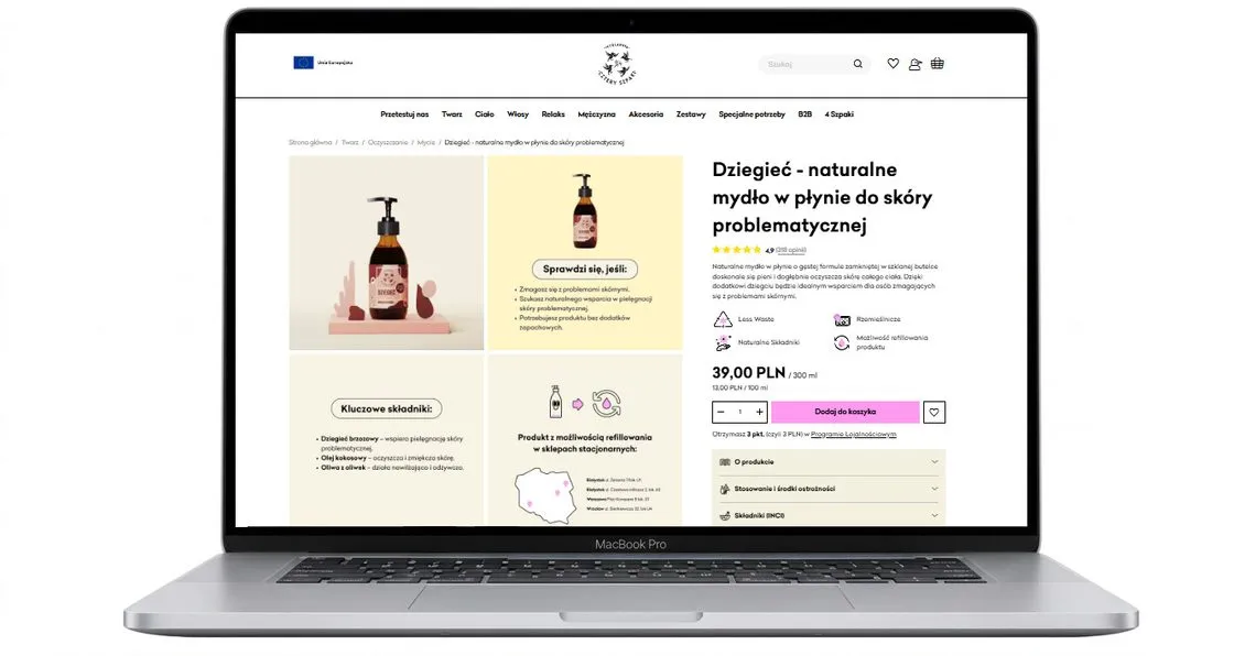 Karta produktu sklepu 4szpaki.pl na ekranie laptopa, obok znak marki Mydlarnia Cztery Szpaki