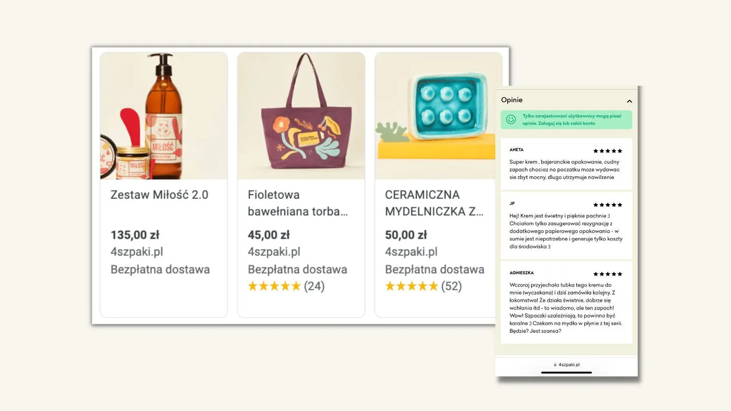 Karty produktów Cztery Szpaki z ocenami gwiazdkowymi oraz panel opinii w sklepie z recenzjami klientek