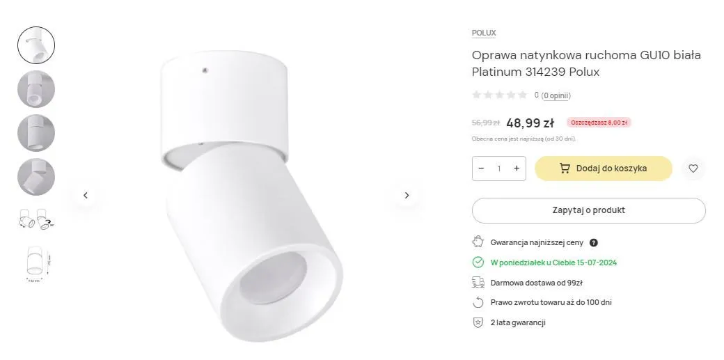 Karta produktu Abażur z zieloną informacją o przewidywanym terminie dostawy pod ceną