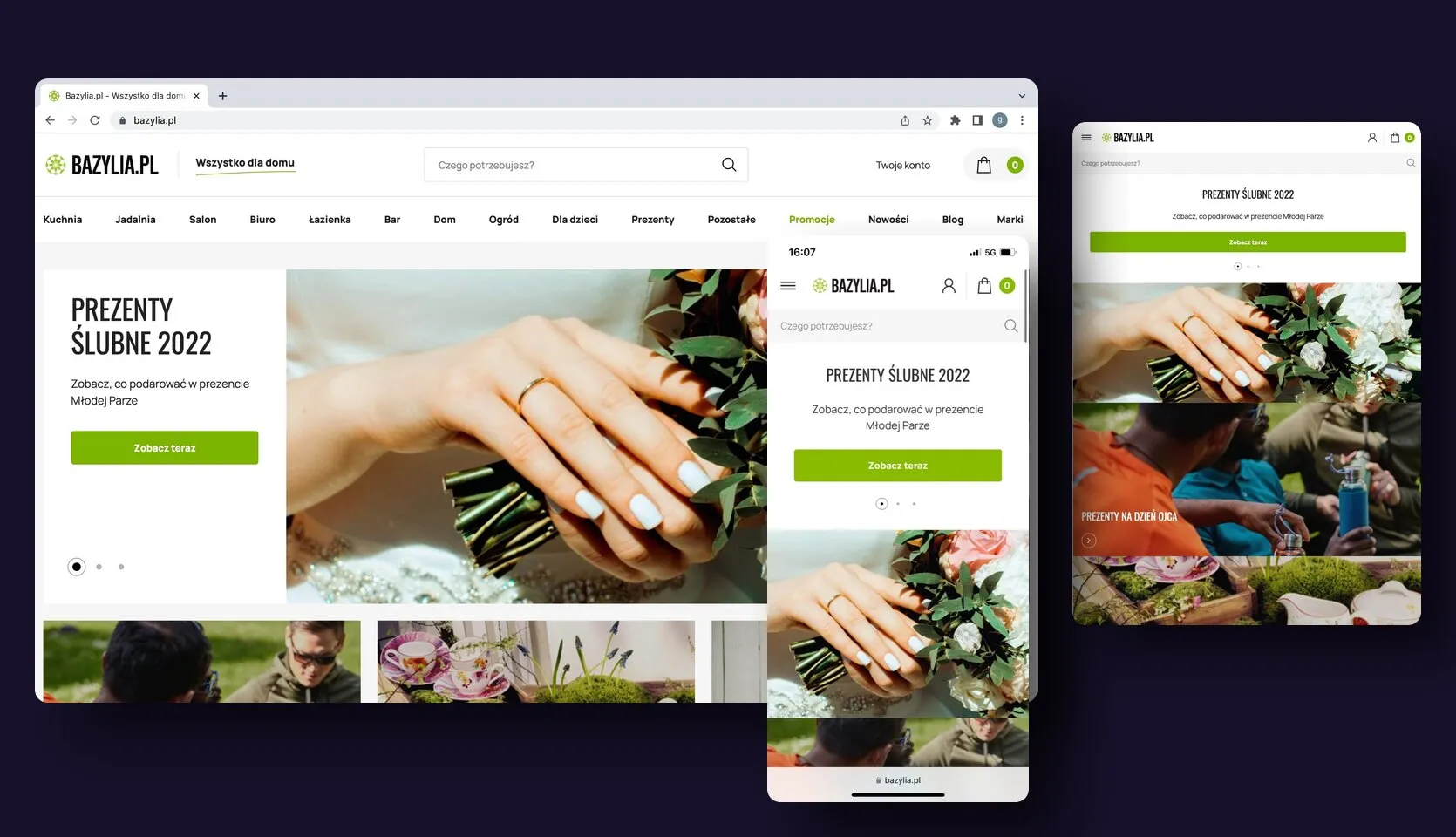 Sklep Bazylia.pl po migracji na Magento 2: strona główna w oknie przeglądarki na desktopie, ta sama strona na tablecie i w widoku mobilnym