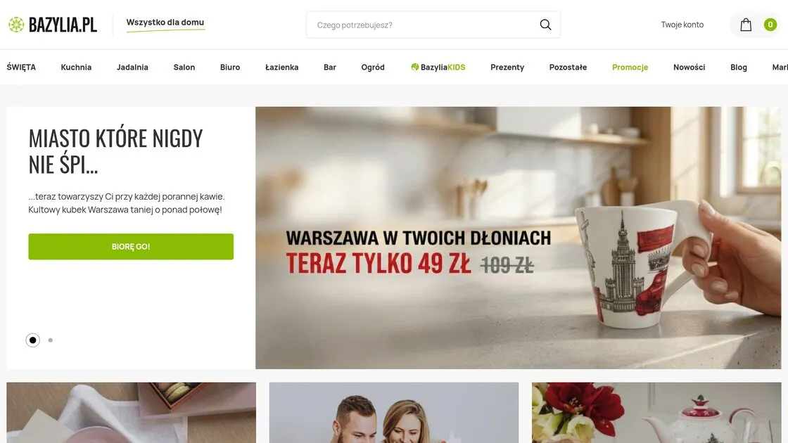 Strona główna sklepu Bazylia.pl: menu z kategoriami oraz sekcjami Święta, BazyliaKIDS, Promocje, Nowości, Blog i Marki, pod nim baner promocyjny z kubkiem