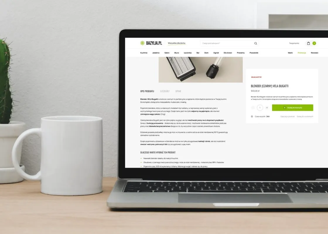 Karta produktu sklepu Bazylia na Magento 2, pokazana na laptopie