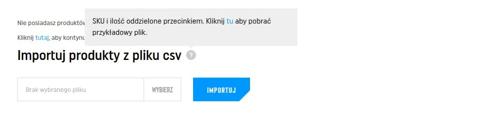 Formularz „Importuj produkty z pliku csv” na stronie koszyka BISON: pole wyboru pliku, przycisk Wybierz i przycisk Importuj, nad nimi podpowiedź o formacie pliku.