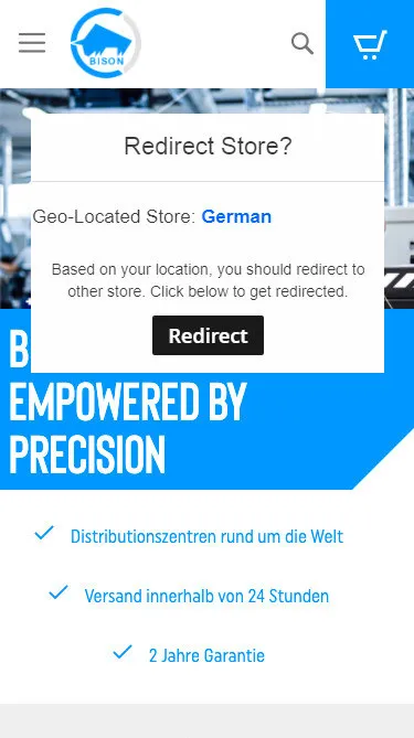 Komunikat „Redirect Store?” na mobilnej wersji sklepu BISON: informacja o sklepie wskazanym na podstawie lokalizacji oraz przycisk Redirect.