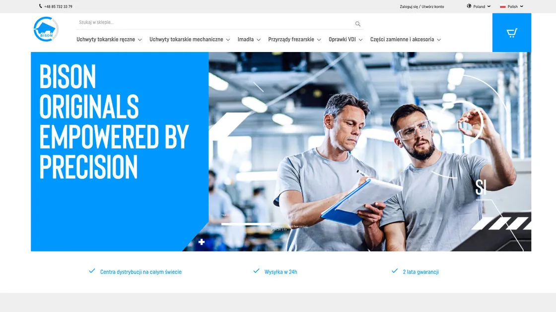 Strona główna sklepu BISON na Magento 2: menu kategorii oprzyrządowania, baner „Bison originals empowered by precision” i trzy obietnice pod nim.