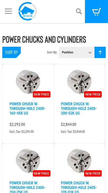 Mobilny listing kategorii Power chucks and cylinders w sklepie BISON: karty produktów z etykietami „New price” i cenami w dolarach.