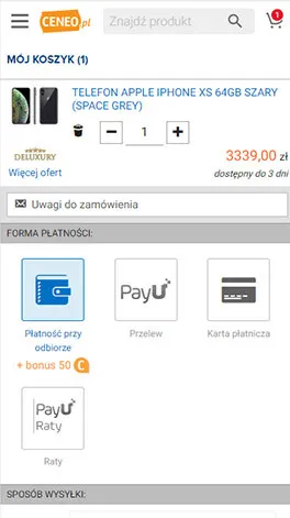 Koszyk KUP TERAZ w Ceneo.pl na ekranie telefonu: jeden produkt z ceną 3339,00 zł i informacją o dostępności do 3 dni, pole uwag do zamówienia, wybór formy płatności — płatność przy odbiorze, przelew, karta płatnicza i raty — oraz nagłówek sekcji sposobu wysyłki.
