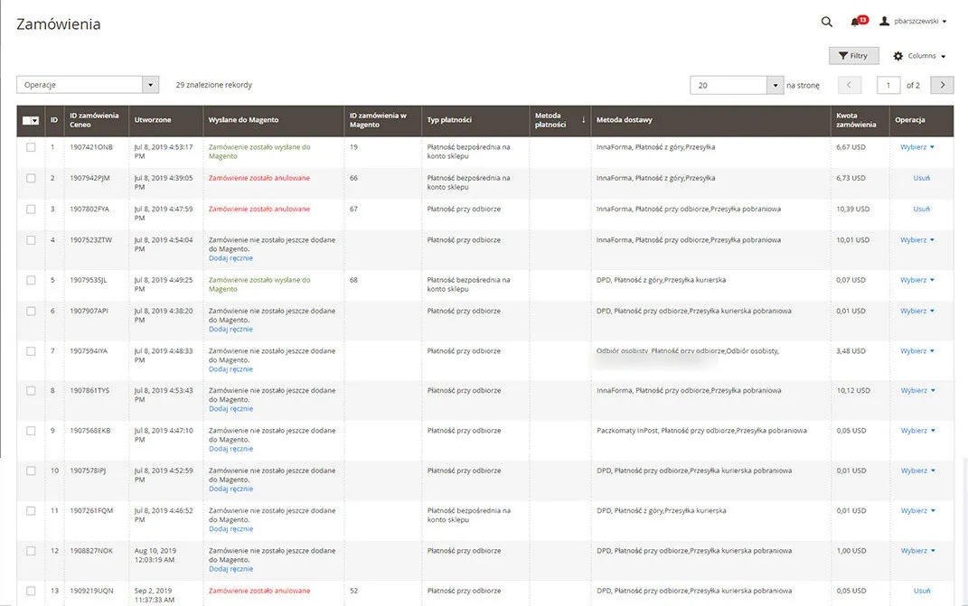 Lista zamówień z Ceneo.pl w panelu Magento 2: kolumny ID, ID zamówienia Ceneo, Utworzone, Wysłane do Magento, ID zamówienia w Magento, Typ płatności, Metoda płatności, Metoda dostawy, Kwota zamówienia i Operacja. W kolumnie Wysłane do Magento widnieją komunikaty „Zamówienie zostało wysłane do Magento”, „Zamówienie zostało anulowane” oraz „Zamówienie nie zostało jeszcze dodane do Magento” z odsyłaczem „Dodaj ręcznie”. Metody dostawy obejmują DPD, Paczkomaty InPost, odbiór osobisty i przesyłkę pobraniową, a typy płatności — płatność przy odbiorze i płatność bezpośrednią na konto sklepu.