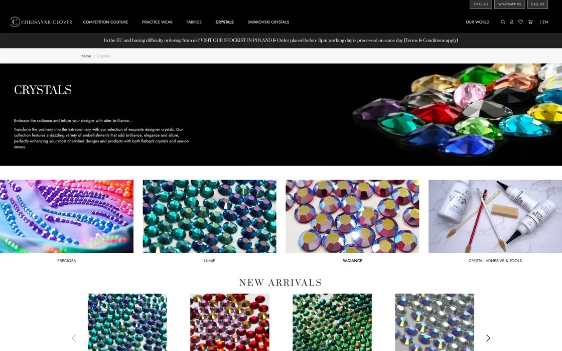 Kategoria Crystals w sklepie Chrisanne Clover: baner kategorii, podkategorie Preciosa, Lumié, Radiance oraz Crystal Adhesive & Tools i karuzela nowości.