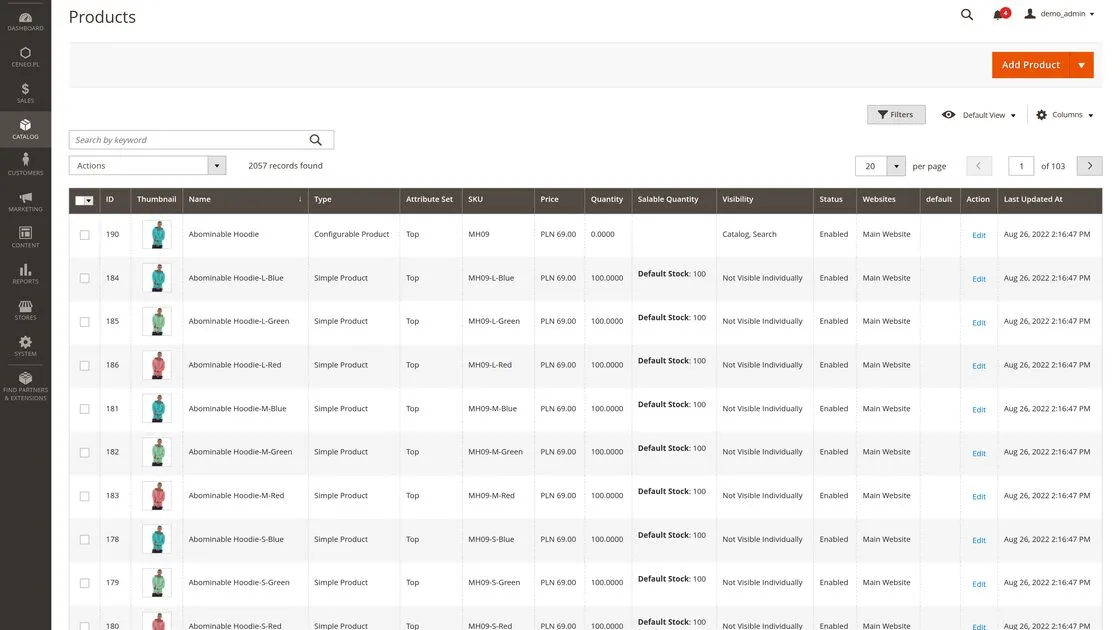 Lista produktów w panelu Magento 2: kolumny typu produktu, zestawu atrybutów, SKU, ceny, ilości i widoczności.