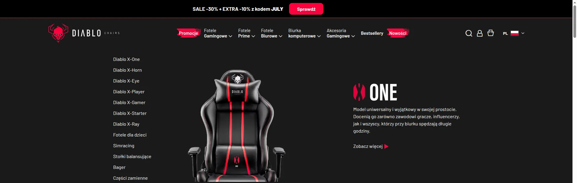 Rozwinięte mega menu Diablo Chairs z listą modeli, zdjęciem fotela i opisem serii