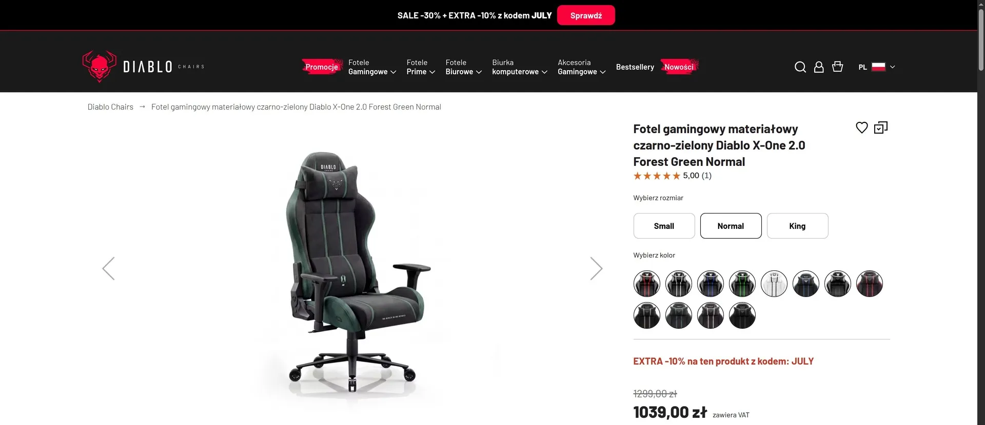Karta produktu Diablo Chairs z wyborem rozmiaru i koloru fotela
