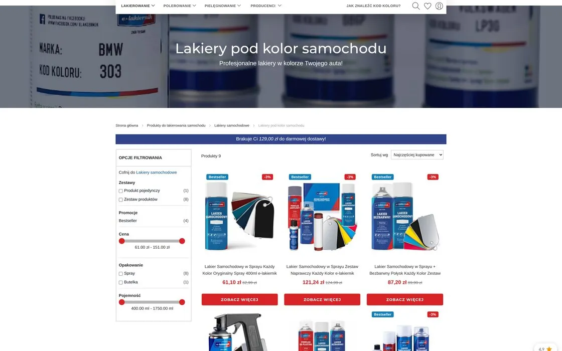 Listing lakierów pod kolor samochodu w sklepie e‑lakiernik.net: banner kategorii, kolumna filtrów i kafle produktów z cenami