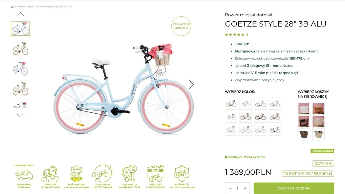 Karta roweru Goetze Style 28 cali w sklepie: galeria zdjęć, lista cech, wybór koloru i koszyka na kierownicę oraz cena z informacją o dziesięciu ratach.