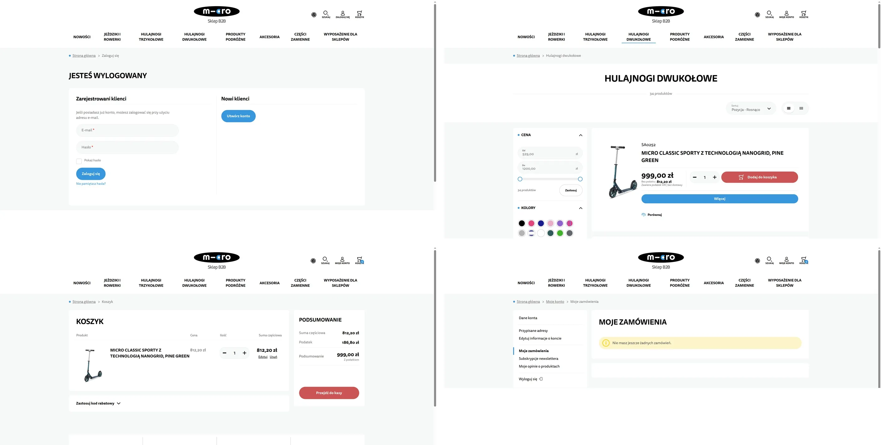 Cztery widoki sklepu B2B Hulajnogi Micro: ekran logowania, listing hulajnóg dwukołowych z ceną netto i brutto, koszyk oraz historia zamówień na koncie kontrahenta.