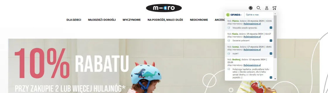 Strona główna sklepu Hulajnogi Micro z rozwiniętym panelem Opineo, w którym widać cztery ostatnie opinie klientów wraz z datami.