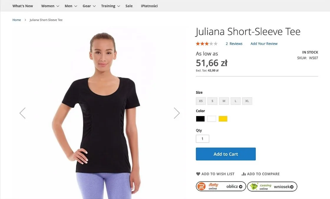 Strona produktu w sklepie Magento 2: cena, wybór rozmiaru i koloru oraz przycisk dodania do koszyka, a pod nim dwa przyciski modułu — iRaty online z etykietą „oblicz” i iLeasing online z etykietą „wniosek”. W menu głównym sklepu widoczna zakładka iPłatności.