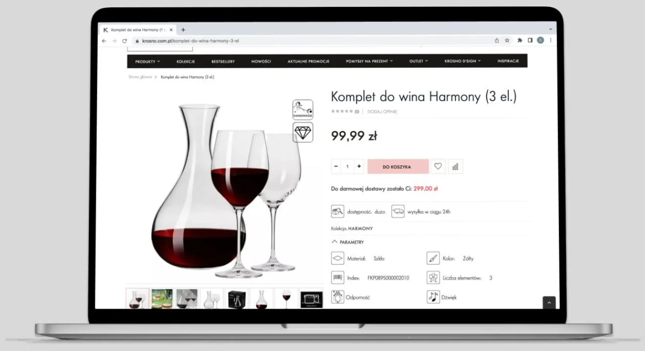 Karta zestawu „Komplet do wina Harmony (3 el.)” w sklepie Krosno na ekranie laptopa i telefonu: własne zdjęcie kompozycji, cena 99,99 zł, przycisk „Do koszyka” oraz parametry z liczbą elementów.