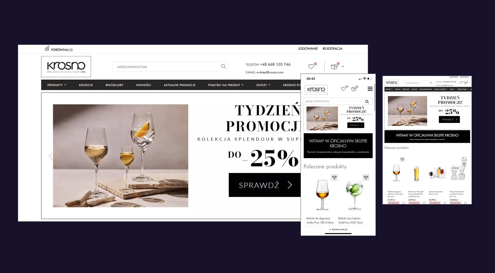 Sklep Krosno na Magento 2 w trzech widokach: strona główna na desktopie z paskiem promocji kolekcji Splendour, ta sama strona na telefonie oraz na tablecie z listą polecanych produktów.