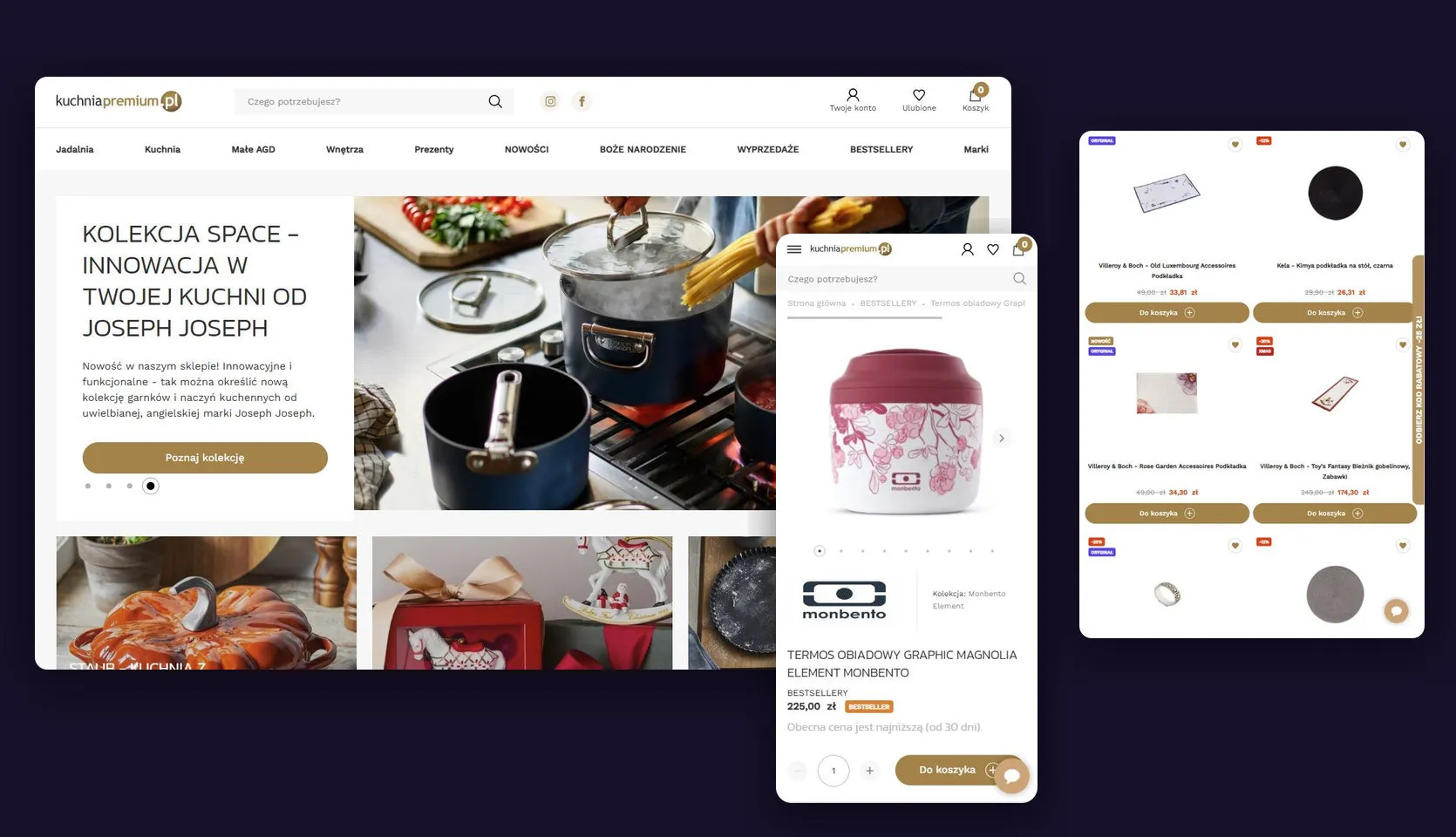 Sklep kuchniapremium.pl na Magento 2: strona główna na ekranie desktopowym, listing produktów na tablecie i karta produktu w widoku mobilnym