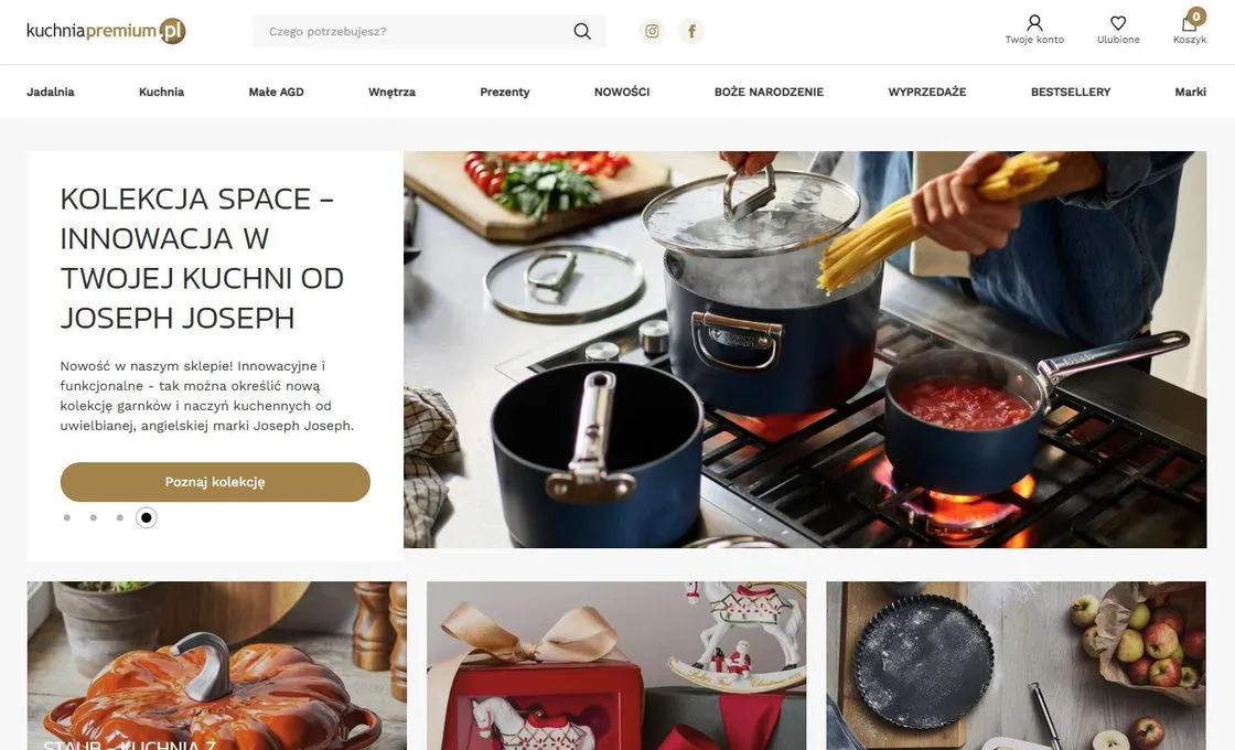 Strona główna kuchniapremium.pl: baner kolekcji Joseph Joseph nad kaflami kategorii, w menu Jadalnia, Kuchnia, Małe AGD i Wnętrza