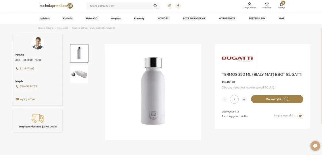 Karta produktu w sklepie kuchniapremium.pl: termos BBot Bugatti z ceną, informacją o dostępności i przyciskiem „Do koszyka”