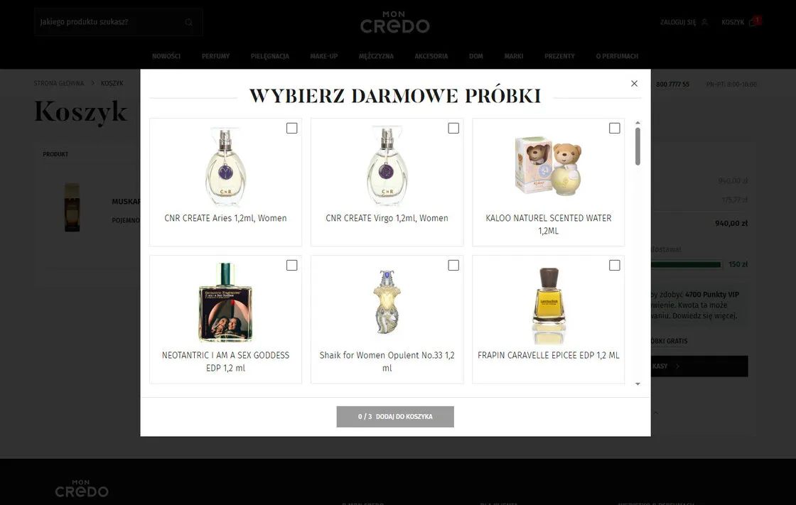 Okno wyboru darmowych próbek w koszyku Mon Credo z siatką próbek perfum i licznikiem wybranych pozycji
