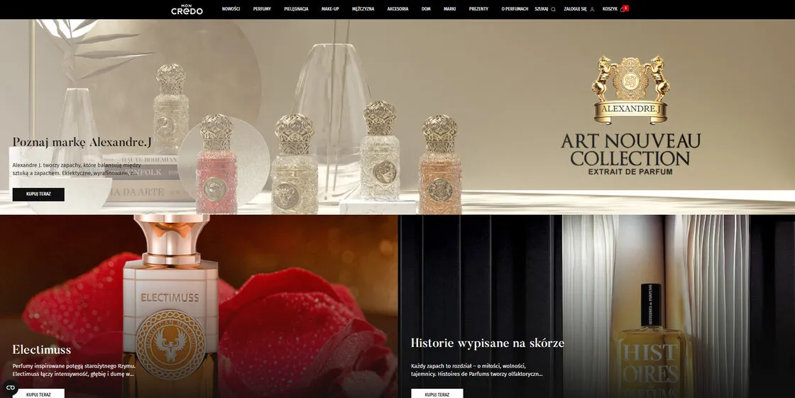 Strona główna sklepu Mon Credo na Magento 2: nawigacja kategorii perfum i kosmetyków oraz banery marek Alexandre.J, Electimuss i Histoires de Parfums