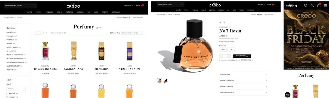 Trzy widoki sklepu Mon Credo obok siebie: listing kategorii Perfumy z filtrami, karta produktu i widok mobilny strony głównej