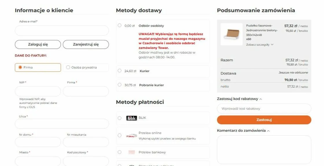 One Page Checkout w sklepie Paxit: kolumna danych klienta z wybraną opcją „firma”, polem NIP i pobraniem danych z GUS, kolumna metod dostawy i płatności z BLIK-iem oraz podsumowanie zamówienia z ceną netto i brutto