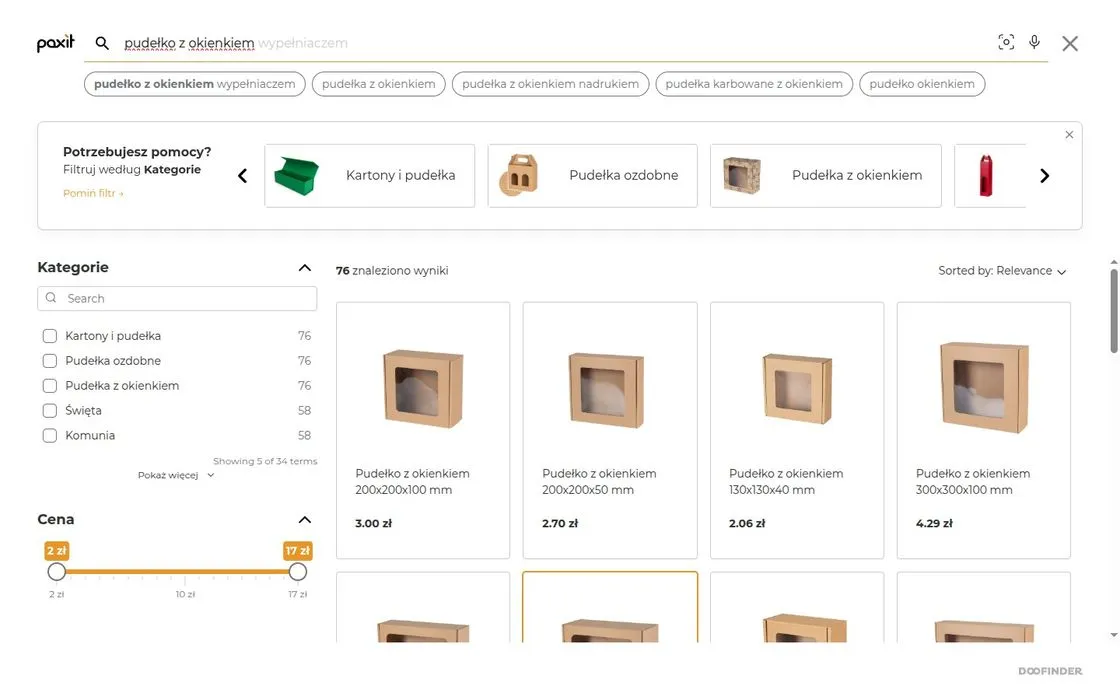 Wyniki wyszukiwania Doofinder w sklepie Paxit dla zapytania „pudełko z okienkiem”: 76 wyników, podpowiedzi pokrewnych fraz, filtry kategorii i suwak ceny