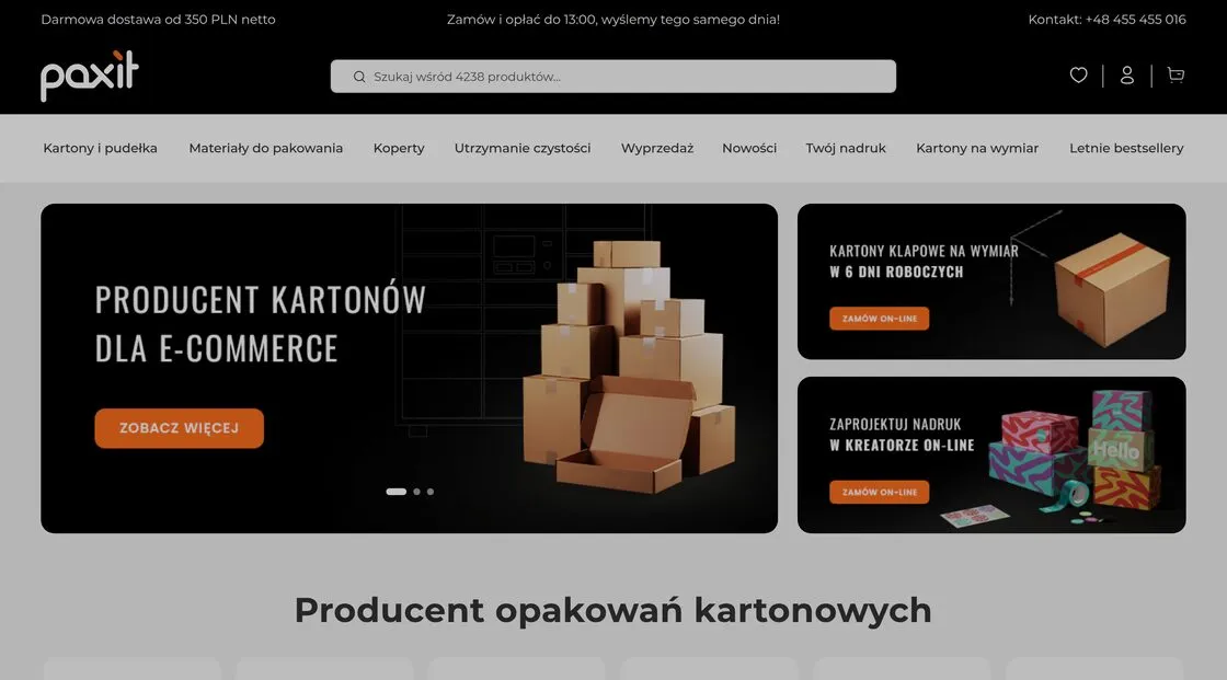 Strona główna sklepu Paxit na Magento 2: wyszukiwarka katalogu, menu kategorii opakowań oraz banery kartonów na wymiar i kreatora nadruku