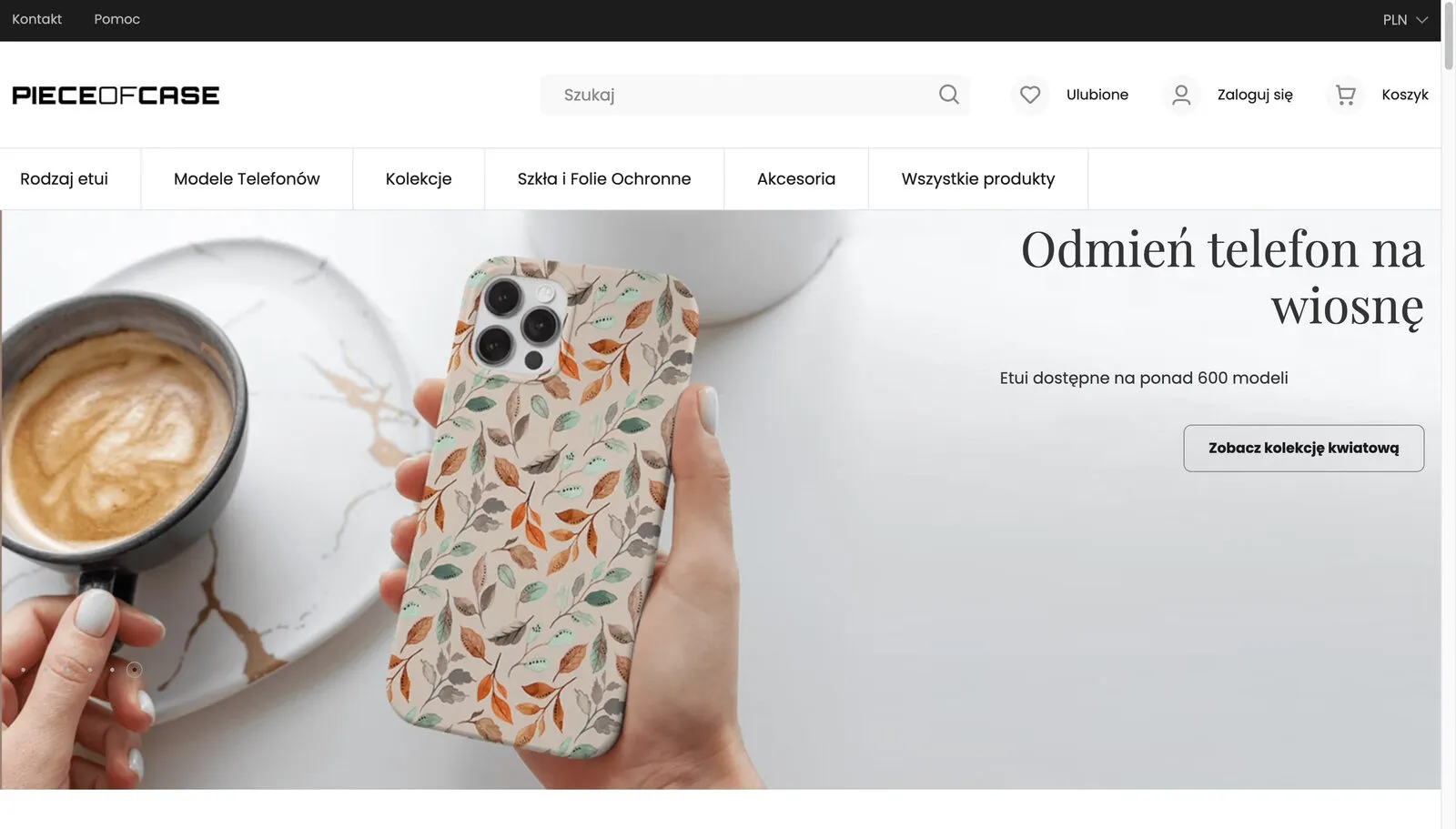 Strona główna sklepu Piece of Case na Magento 2: menu kategorii, baner kolekcji i etui w dłoni