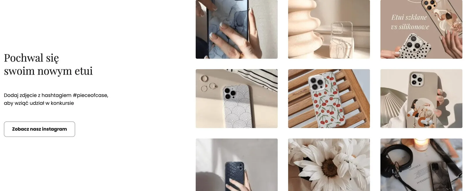 Blok Instagrama na stronie głównej Piece of Case: siatka dziewięciu zdjęć etui i przycisk do profilu marki
