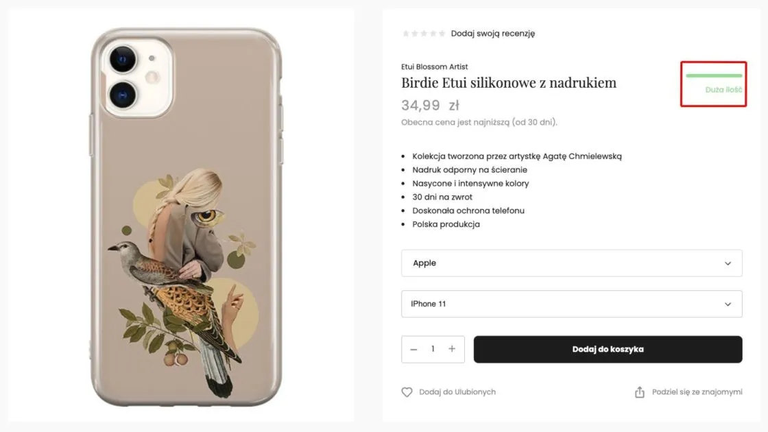 Karta produktu Piece of Case z wyborem marki i modelu telefonu oraz podświetlonym wskaźnikiem dostępności