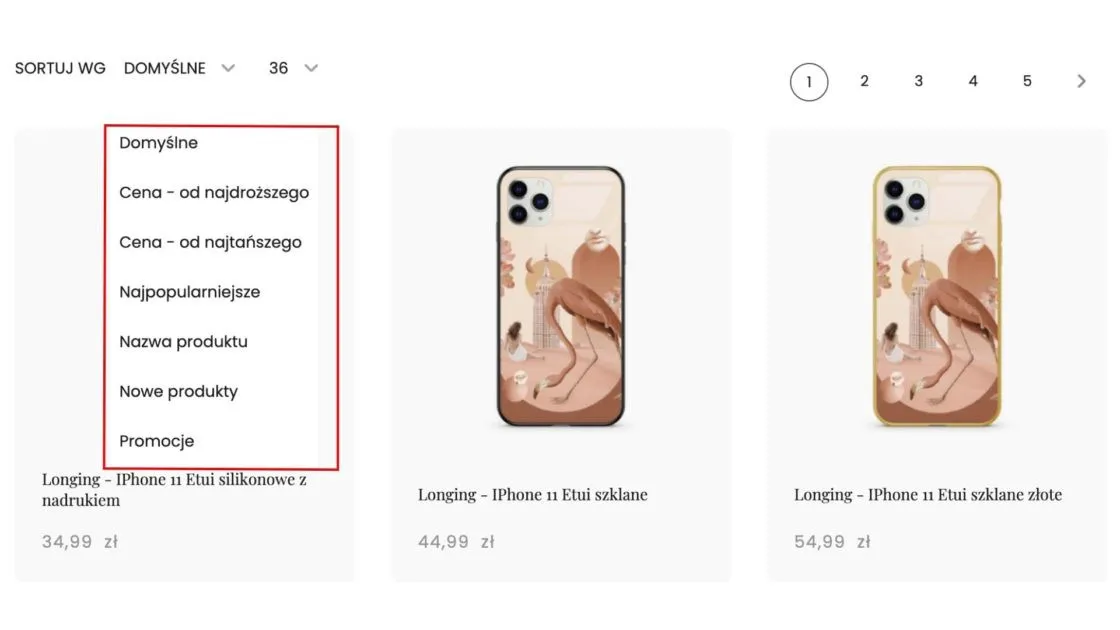 Lista produktów Piece of Case z rozwiniętym menu sortowania i podświetloną listą metod