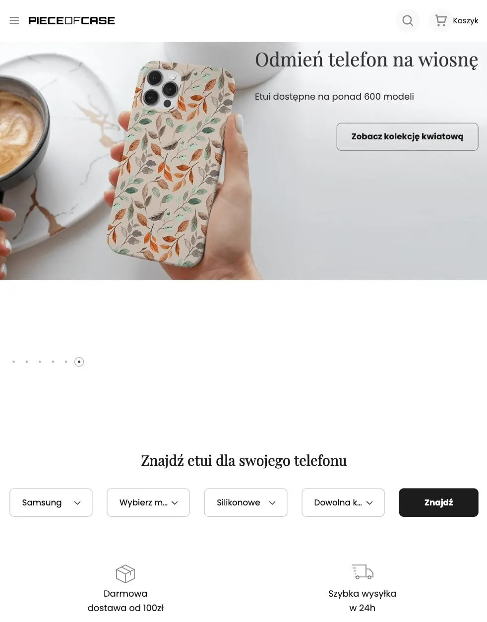 Sklep Piece of Case na tablecie: baner kolekcji i wyszukiwanie etui po modelu telefonu