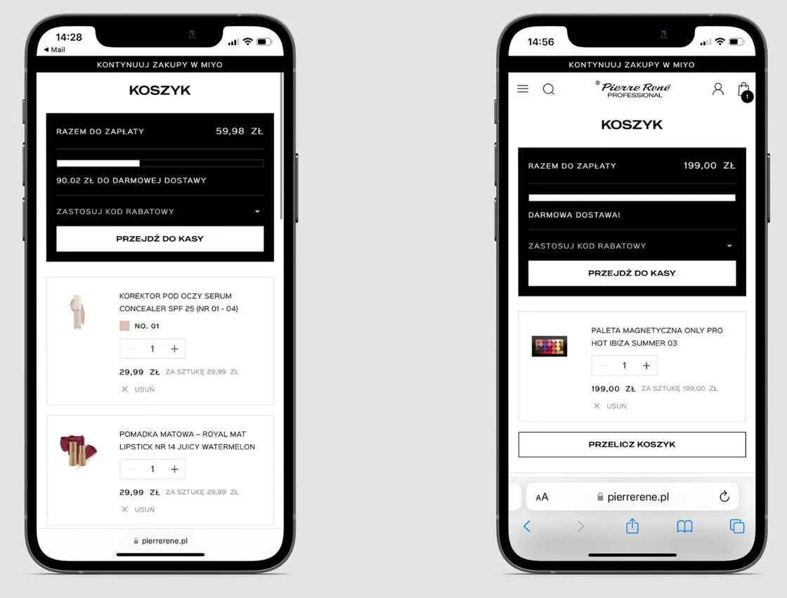 Koszyk sklepu na dwóch ekranach telefonu: na pierwszym pasek postępu i informacja o kwocie brakującej do darmowej dostawy, na drugim ten sam pasek wypełniony i komunikat o darmowej dostawie.