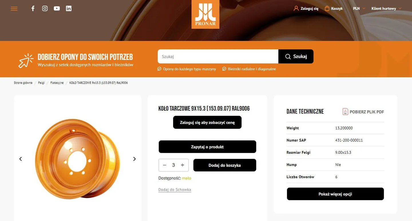 Karta produktu koła tarczowego w witrynie B2B Pronar Wheels: dane techniczne z numerem SAP, przycisk „Zaloguj się aby zobaczyć cenę”, zapytanie o produkt i dodanie do koszyka