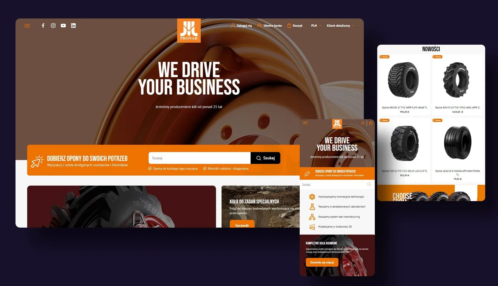 Sklep Pronar Wheels na Magento 2: strona główna na ekranie desktopowym, listing opon na tablecie i widok mobilny