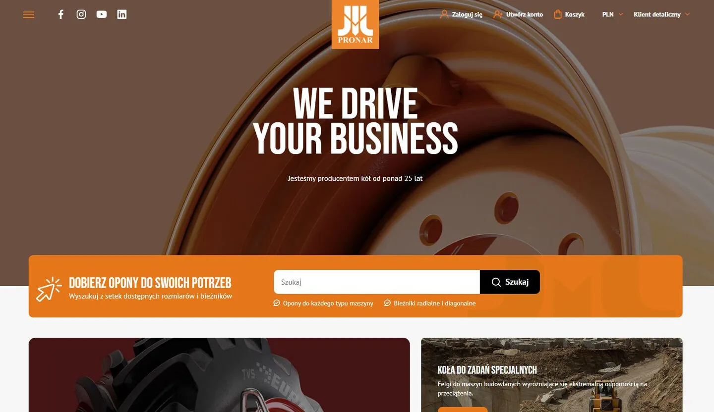 Strona główna sklepu Pronar Wheels: hasło „We drive your business” nad pomarańczowym pasem z wyszukiwarką opon