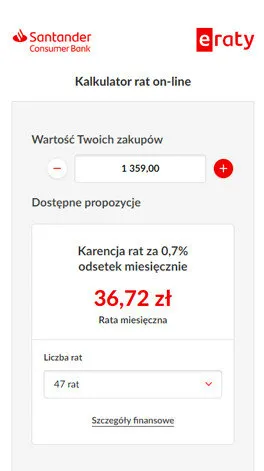 Kalkulator rat on-line eRaty w widoku mobilnym: znaki Santander Consumer Bank i eRaty w nagłówku, pole wartości zakupów z kwotą 1 359,00 i przyciskami plus oraz minus, propozycja karencji rat za 0,7% odsetek miesięcznie z ratą 36,72 zł, lista wyboru liczby rat ustawiona na 47 rat i odsyłacz do szczegółów finansowych.