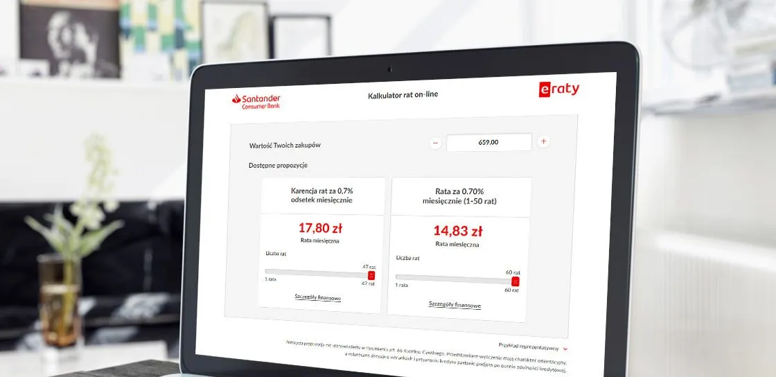 Kalkulator rat on-line eRaty na ekranie laptopa: wartość zakupów, dwie propozycje finansowania z wysokością raty miesięcznej, suwaki liczby rat i zastrzeżenie o charakterze orientacyjnym wyliczenia.