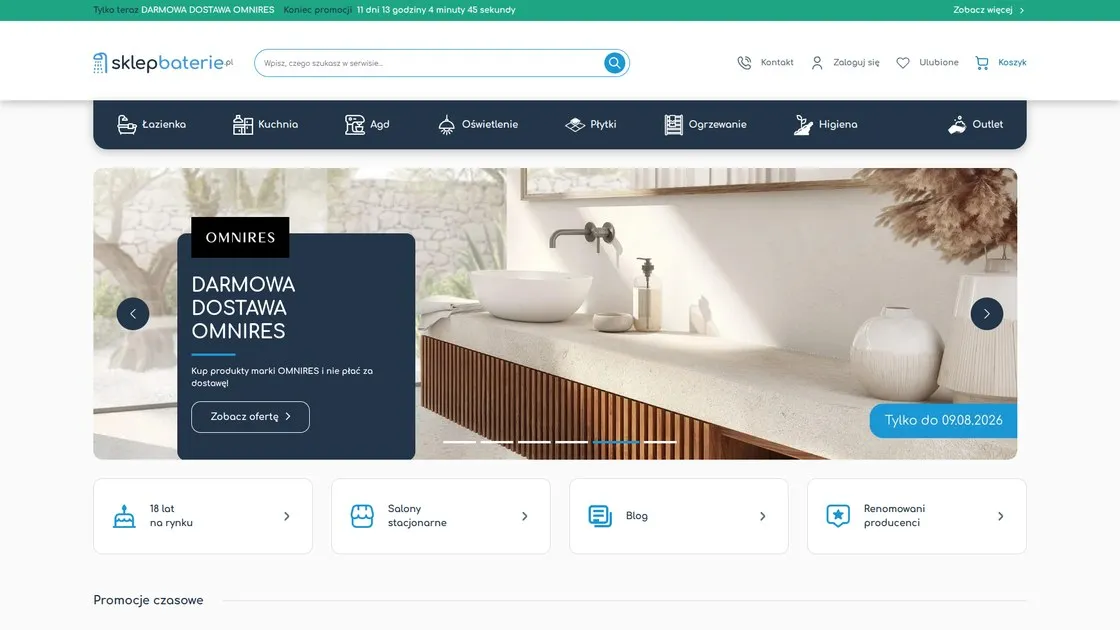 Strona główna SklepBaterie.pl na Magento 2 z frontendem Hyvä: nawigacja, wyszukiwarka i główny banner