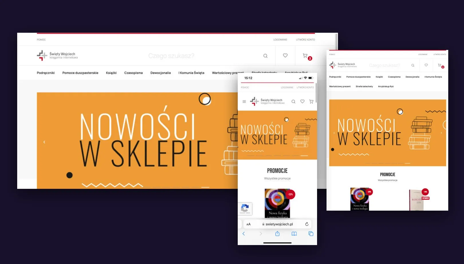 Strona główna Księgarni Internetowej Święty Wojciech w widoku na komputerze, tablecie i telefonie.
