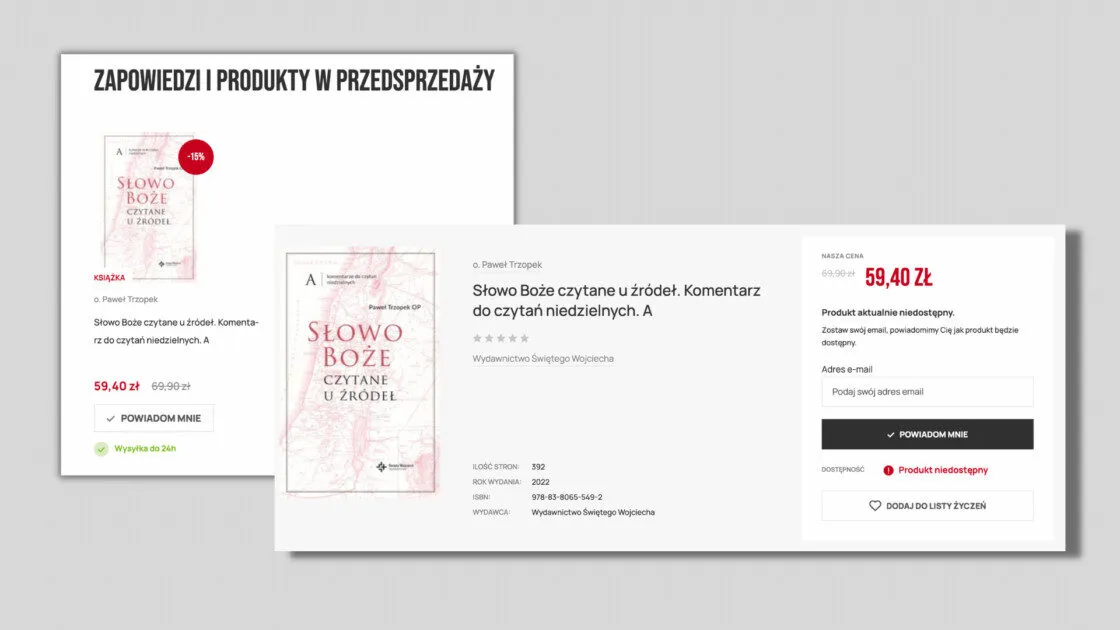 Blok „Zapowiedzi i produkty w przedsprzedaży” na stronie głównej księgarni oraz karta produktu z przyciskiem „Powiadom mnie”.