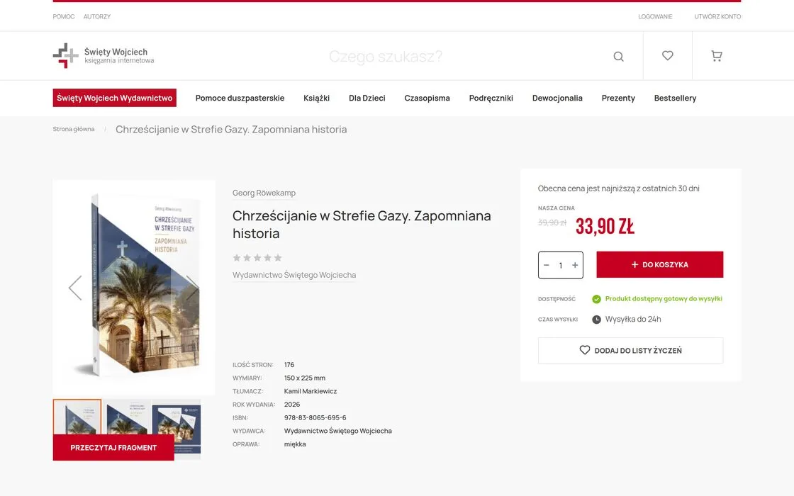 Karta produktu w sklepie Święty Wojciech z przyciskiem „Przeczytaj fragment” pod miniaturami okładki oraz danymi wydawniczymi publikacji.
