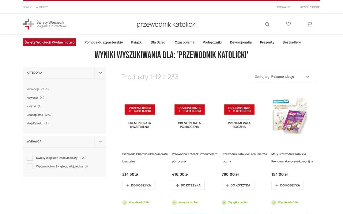Wyniki wyszukiwania w sklepie Święty Wojciech z filtrami kategorii i wydawcy obok listy produktów.