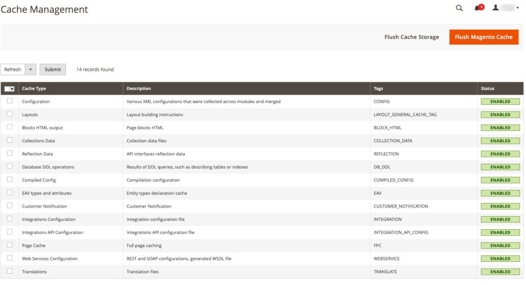 Panel Magento "Cache Manager"